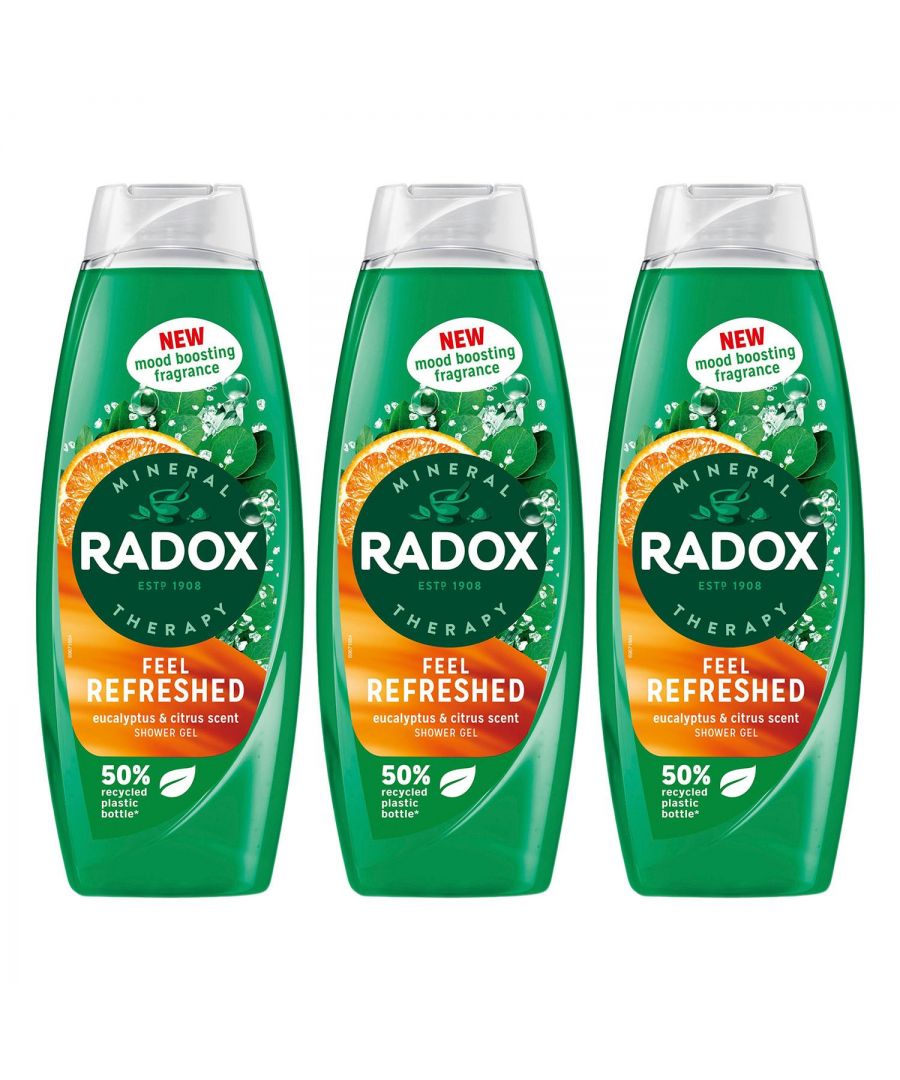 RADOX Mineral Therapy Feel Refreshed Shower Gel’s mood-boosting fragrance combines the awakening scent of eucalyptus with the zesty tang of citrus oil to make you feel delightfully refreshed. This reviving skin cleanser features our unique blend of 4 minerals and 13 herbs, which activates with hot water to transform your shower into a mineral therapy ritual. Suitable for daily use, our body wash rinses off easily, leaving your skin feeling fresh and clean.\n\nRADOX Mineral Therapy Feel Refreshed Shower Gel provides a refreshing shower experience that revives your senses. Our energizing shower gel is made with a unique blend of minerals and herbs which activates with hot water to cleanse and refresh you. Awaken your body and stimulate your mind with RADOX Feel Refreshed Shower Gel, infused with a new mood-boosting fragrance of eucalyptus and citrus oil. Our body wash is suitable for daily use – simply squeeze it out, lather on the body, and indulge in an uplifting shower experience. This skin cleanser is pH neutral and suitable for all skin types.\n\nHow to use: Apply when showering or bathing. Apply to the skin all over your body and then wash off with hot water. Suitable for everyday use.\n\nSafety Warning: Shower Gel & Body and Face Wash & Body Scrubs Avoid contact with eyes. If contact occurs, rinse thoroughly with water.\n\nBox Contain: 3x Radox Shower Gel Feel Refreshed - 675ml