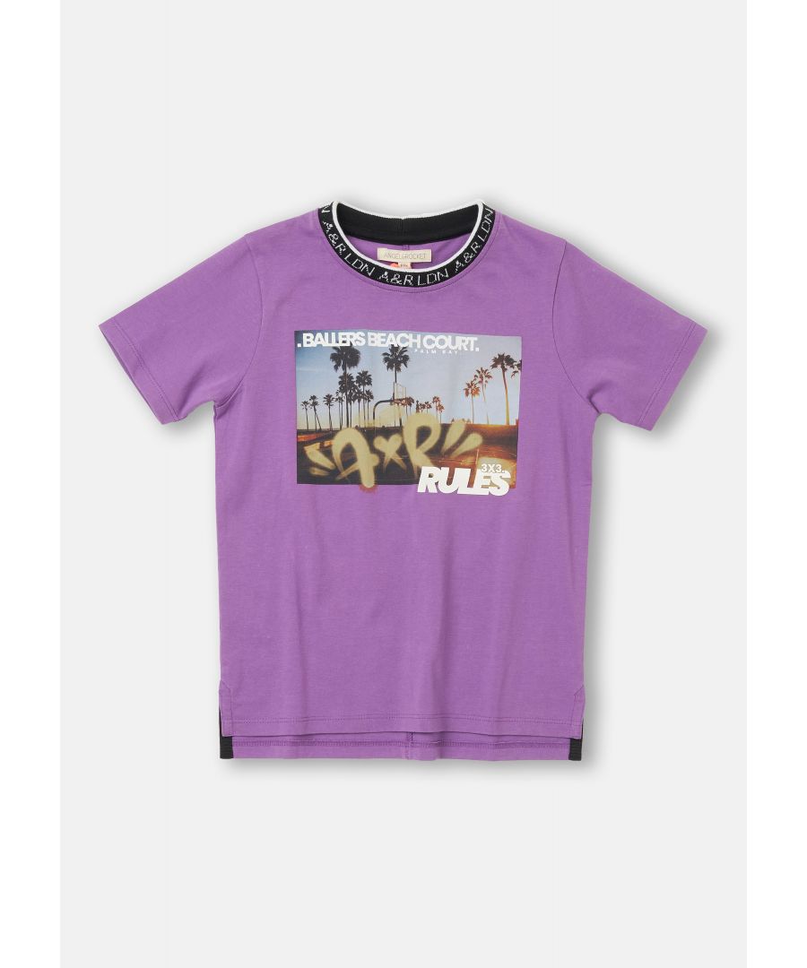Stand out in this uber cool photoprint tee! With photoprint and graffiti graphic on the chest. In a super soft jersey  comfort and cool collide.     Angel & Rocket cares – made with fairtrade cotton.   Colour: Purple   About me: 100% cotton   Look after me: think planet  machine wash at 30c.