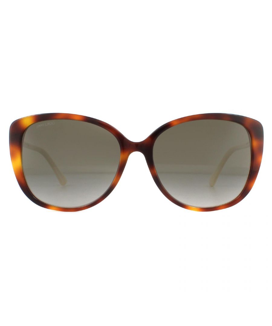Jimmy Choo Sunglasses ALY/F/S 086 HA Havana Brown Brown Gradient are a cat eye style crafted from lightweight acetate. The Jimmy Choo logo is engraved into the gold temples for brand authenticity