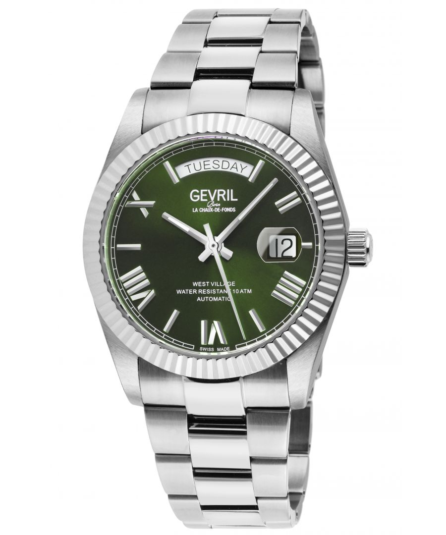 Gevril 48949B Men's West Village Swiss Automatic Watch\n\nGevril Men's Swiss Automatic from the West Village Collection\n40mm Stainless Steel Satin and Polished Case, Silver Fluted Bezel, Black Sunray Dial\nDay at 12 O'clock - Exhibitions Case back\nScrew down Crown, Luminous Hands\n316L Stainless Steel Satin and Polished Bracelet With Deployment Buckle\nAnti-reflective Sapphire Crystal\nWater Resistant to 100 Meters/10ATM\nSellita SW200, Swiss Automatic Movement