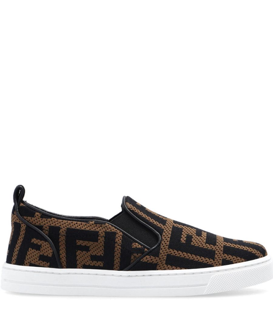 These Fendi Kids Unisex FF  Logo Slip On Sneakers in Brown are embroidered with a monogram pattern, this model features a slip-on style and a white rubber sole.\n\n\n\n\n\nEmbroidered monogram pattern\nSlip on style\nWhite rubber sole 