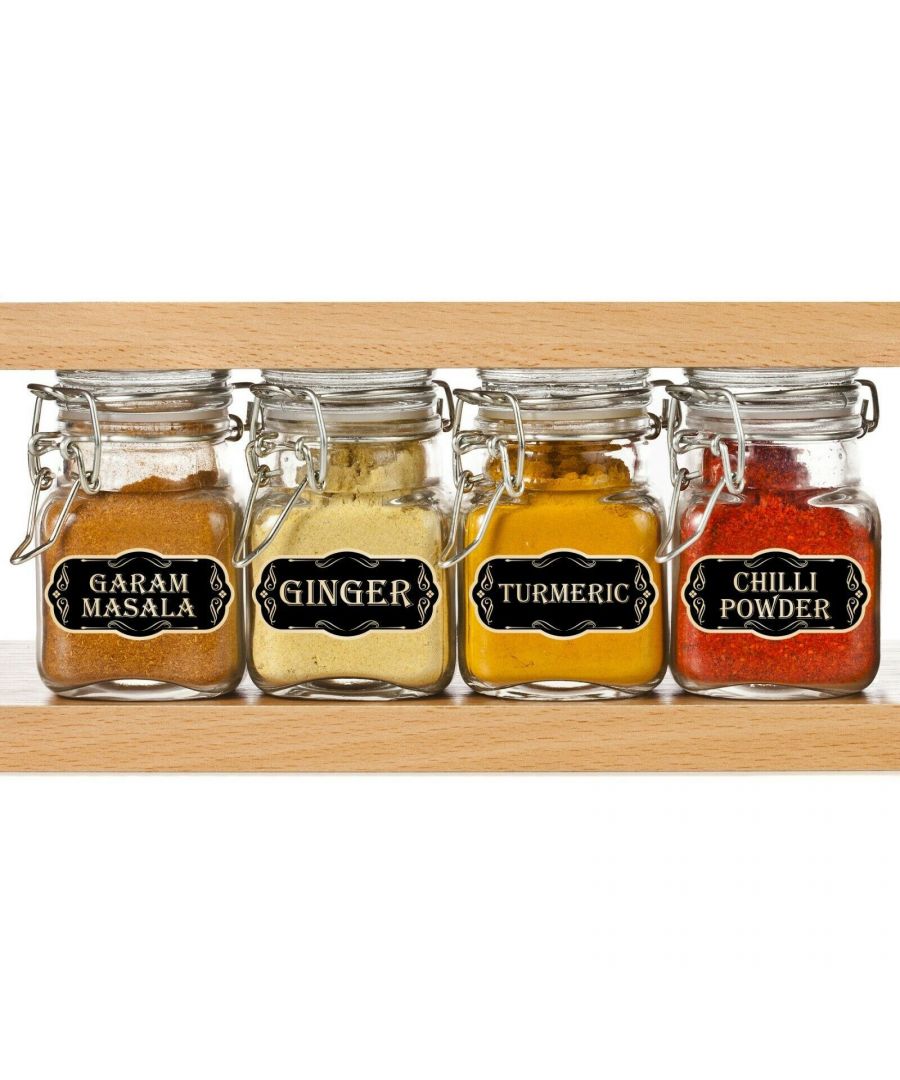 - A complete set of kitchen labels for spice jars, tea, coffee, sugar canisters with 42 small labels of 2.6 x 5.5 cm, 2 medium labels of 3.6 x 7.5 cm and 13 big labels of 8 x 7.7 cm.