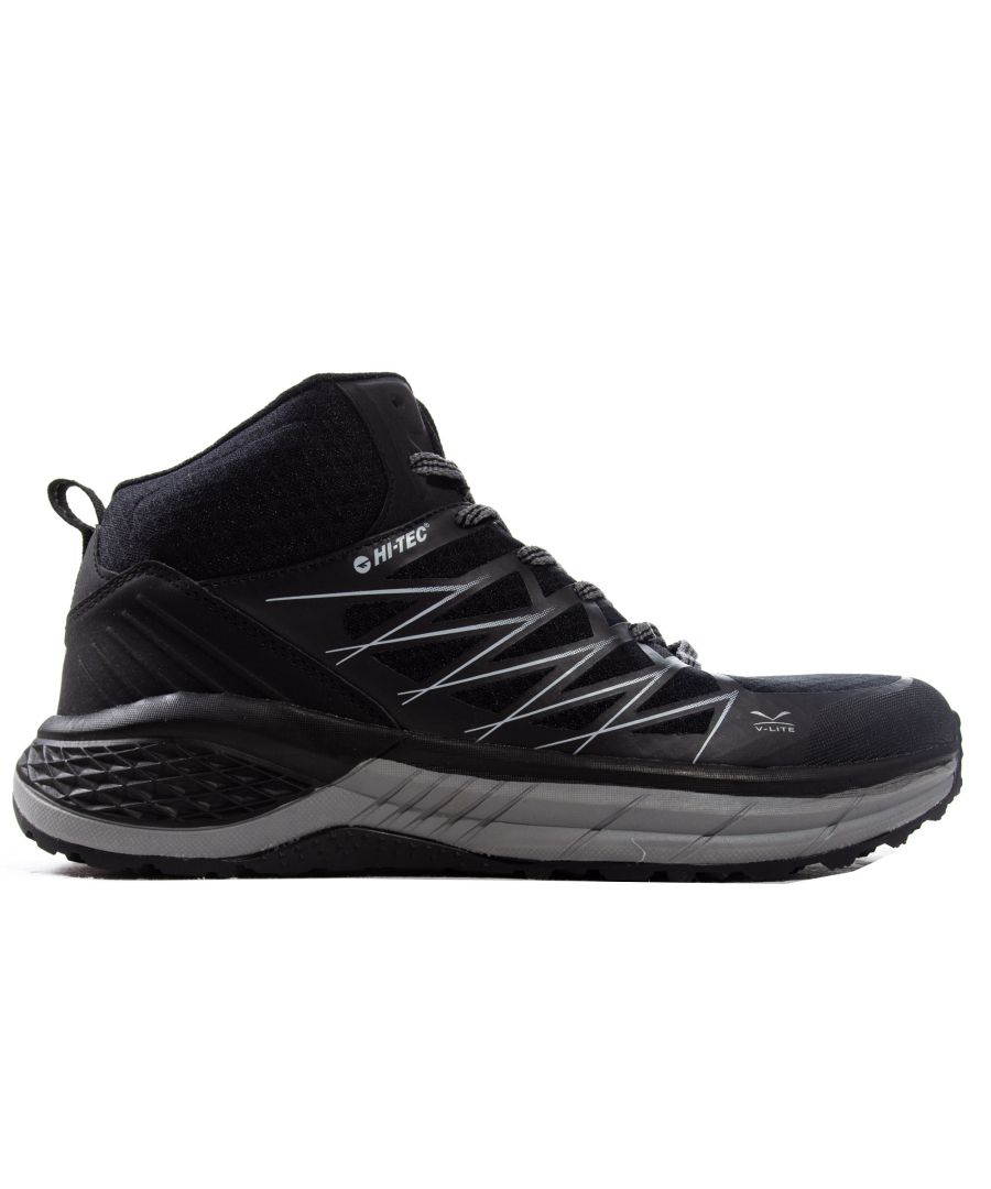 Mens Hi- Tec Trail Destroyer Mid Running Trainers in black silver.- Synthetic and Textile upper.- Lace closure.- Mesh upper detail.- Heel pull tab.- Padded heel and ankle collar.- Removable foam insole.- Reflective elements.- Hi-Tec branding throughout.- Rubber sole.- Ref: O010196021