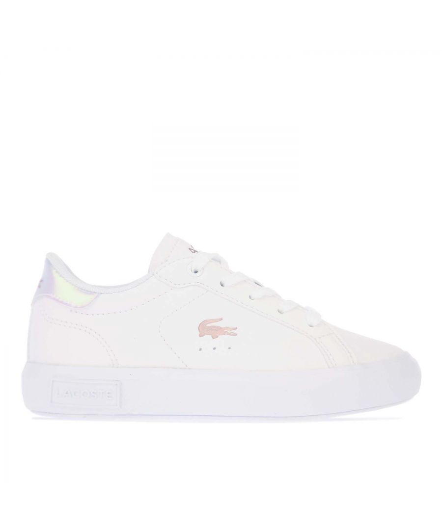 Children Girls Lacoste Powercourt Trainers in white pink.- Synthetic upper.- Lace up fastening.- Padded collar.- Ortholite sockliner for comfort and odour control.- Lacoste branding to the sidewalls and heel.- Soft and lightweight midsole.- Rubber outsole.- Synthetic upper  Textile lining  Synthetic sole.- Ref: 742SUC0022B53