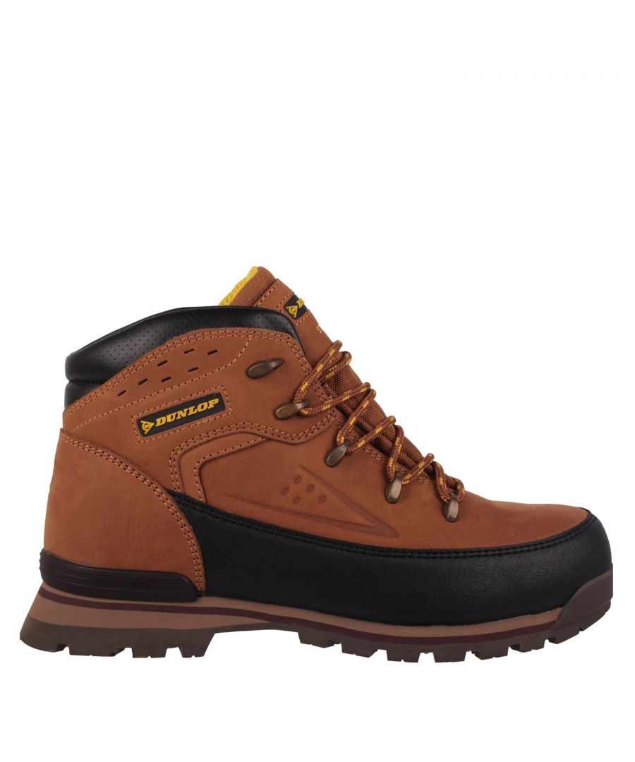 Dunlop Kentucky Safety Boots Mens - These Dunlop Kentucky Safety Boots are crafted with lace fastening and a cushioned insole for comfort. They feature a padded ankle collar as well as a steel toe cap for protection and a chunky sole for grip. These boots are designed with a signature logo and are complete with Dunlop branding.  > Safety boots > Lace fastening > Cushioned insole > Padded ankle collar > Steel toe cap > Chunky grip sole > Signature logo > Dunlop branding > Upper: leather/synthetic > Inner: textile > Sole: synthetic