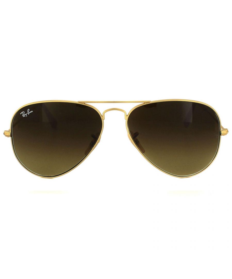 Ray-Ban Sunglasses Aviator 3025 112/85 Matt Gold Brown Gradient were originally designed in 1936 for US military pilots and have since become one of the most iconic sunglasses models in the world. The timeless design is characterised by the thin metal wire frame, large teardrop shaped lenses and fine metal temples that feature silicone tips and nose pads for a customised and comfortable fit. This classic model is available in various sizes and an array of colourways.