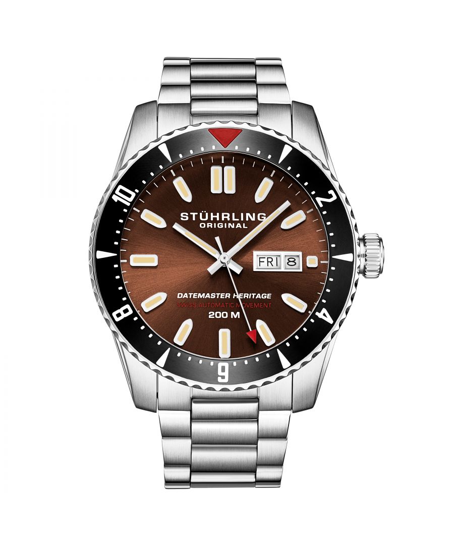 Men's Automatic Dive Watch, Stainless Steel Case with ceramic-like bezel, brown dial, Day and Date.
