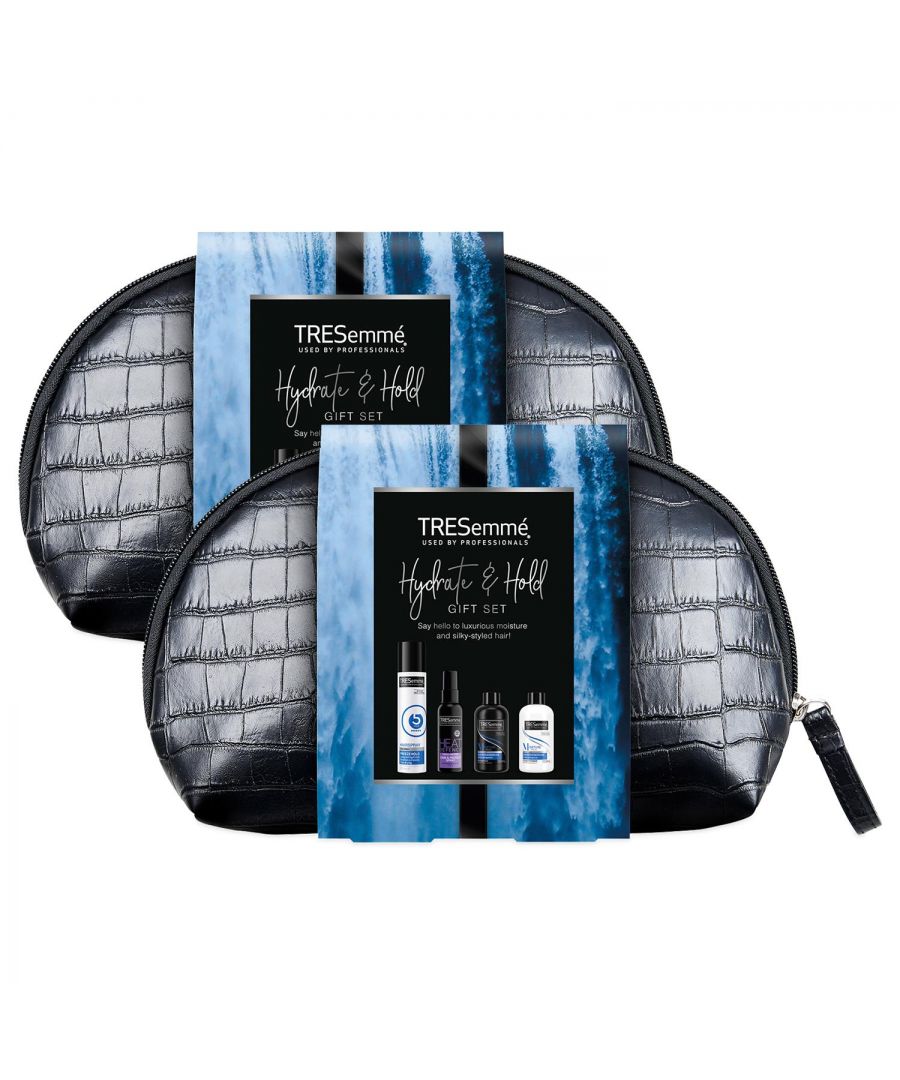 Tresemme Hydrate & Hold Hair Styling 4ps Gift Set For Her with Black Washbag 2pk\n\nRich Moisture Shampoo 100ml: Why use TRESemme luxurious moisture shampoo? The TRESemme Luxurious Moisture Shampoo system, with Vitamin E, instantly locks in moisture without weighing your hair down. Light enough for daily use, this moisture-balanced system transforms your dry hair into silky, manageable, salon-healthy-looking locks.\n\nRich Moisture Conditioner 100ml: Hydrate parched strands with this professional-quality, moisturizing conditioner for dry hair. TRESemmé Rich Moisture Shampoo & Conditioner system delivers optimized hydration that targets dryness and locks in moisture where your hair needs it most every day. Our Rich Moisture system delivers 7x more luxurious moisture, leaving hair with enviable softness and rich nourishment.\n\nHeat Defence Hairspray 60ml: Designed to help protect hair against damage from heated styling tools, helping to restore vibrancy and shine to dried-out, damaged hair. Include pro-performance TRESemme Heat Defence Spray in your daily routine before hair-drying, straightening or curling your hair. Whether you want to keep your frizz at bay with a long-lasting smooth finish or simply protect your hair against damage from daily blow-drying.\n\nFreeze Hold Hairspray 100 ml: TRESemme Freeze Hold Hairspray provides all-day control and long-lasting extra strong hold in a small, handbag-friendly travel size.  Brushes out easily. Won't build up or flake. From our origins in salons around the world, we've always had a single vision: to create stylist-tested, salon-quality products without the salon price tag, so you can experience that salon feeling every day.\n\nEach Gift Set Includes:\n1x Tresemme Rich Moisture Shampoo, 100 ml\n1x Tresemme Rich Moisture Conditioner, 100 ml\n1x Tresemme Heat Defence Hairspray, 60ml\n1x Tresemme Freeze Hold Hairspray, 100ml