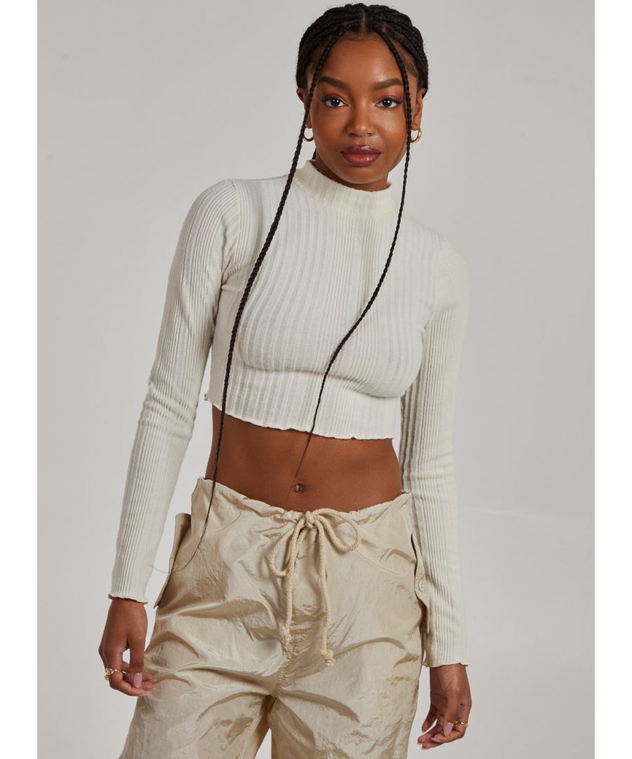 Pink Vanilla Womens Wide Brushed Ribbed Lettuce Hem Long Sleeve Crop Top - Ivory - Size Large