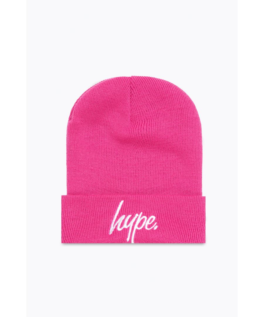 Stay cosy in the HYPE. Pink Script Kids Beanie. Designed in an all-over pink colour palette. With a soft-touch woven acrylic fabric for supreme comfort. In our classic adult's beanie shape with a turned-up cuff design, finished with the iconic HYPE. script logo embroidered on the front in a contrasting white. Machine washable.