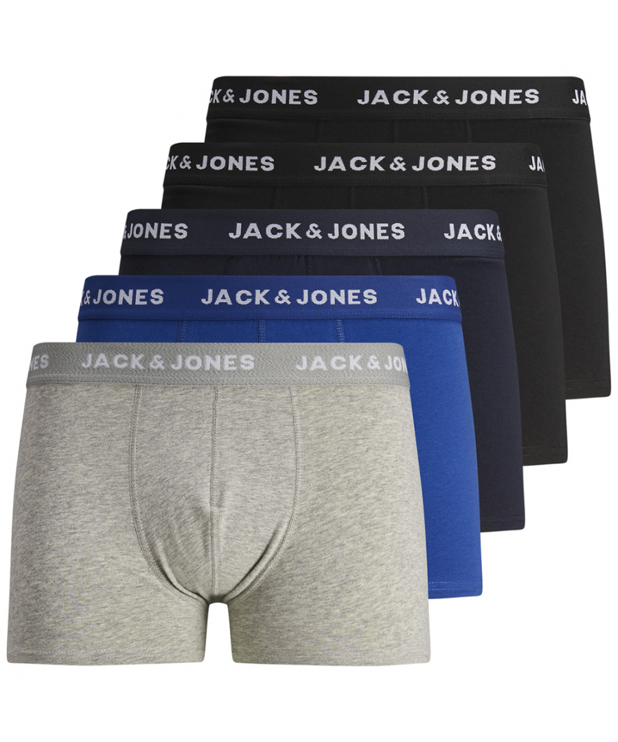 5 pack trunks. 95% Cotton, 5% Elastane. 60°C coloured wash, Do not bleach, Line drying, Iron at moderate temperature, Do not dry-clean. Woven elastic waistband for long lasting and comfortable stretch. Printed care label.