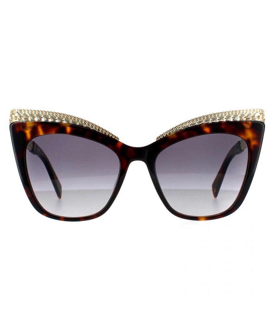 Moschino Cat Eye Womens Dark Havana Dark Grey Gradient Sunglasses MOS009/S are an opulent cat eye style with metal chain decoration along the frame front top and along the temples. Plastic temple tips provide added comfort and Moschino branding.