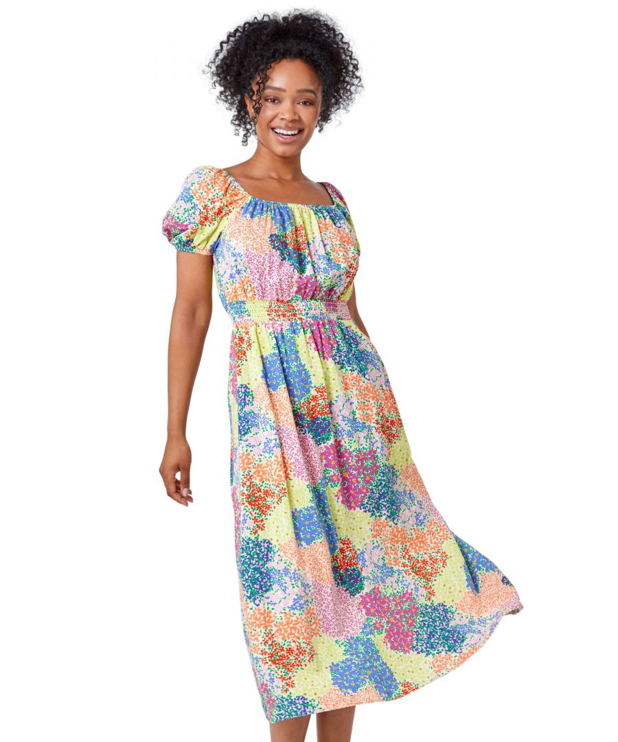 Roman Petite Womens Ditsy Floral Shirred Midi Dress - Multicolour - Size 18 UK