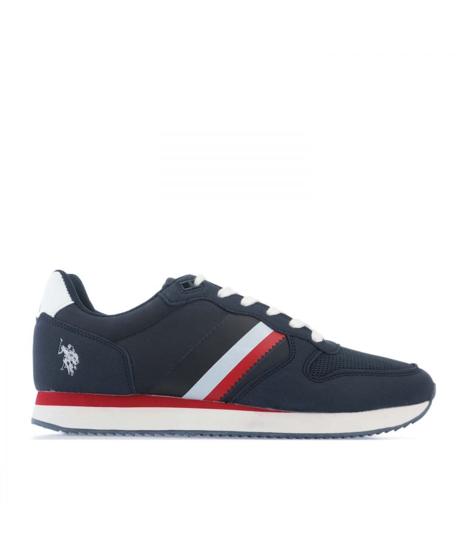 Mens US Polo Assn Nobil Nylon Suede Trainers in navy.- Mesh upper.- Lace fastening.- Rounded cap.- Brand logo.- Suede effect.- Coated fabric.- Two-tone.- Rubber cleated sole.- Textile upper  Textile lining  Synthetic sole.- Ref: NOBIL005MBL002