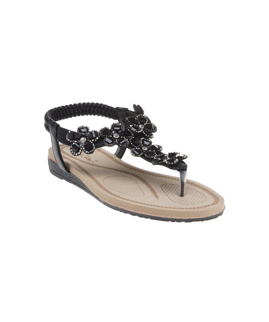 Decorate Your Feet This Season With The Sparkly Betty Sandals From Solesister. The Delicate Black Thong Slip On Boasts A Comfy Elasticated Wraparound Ankle Strap And Is Embellished With Rhinestone Flowers.