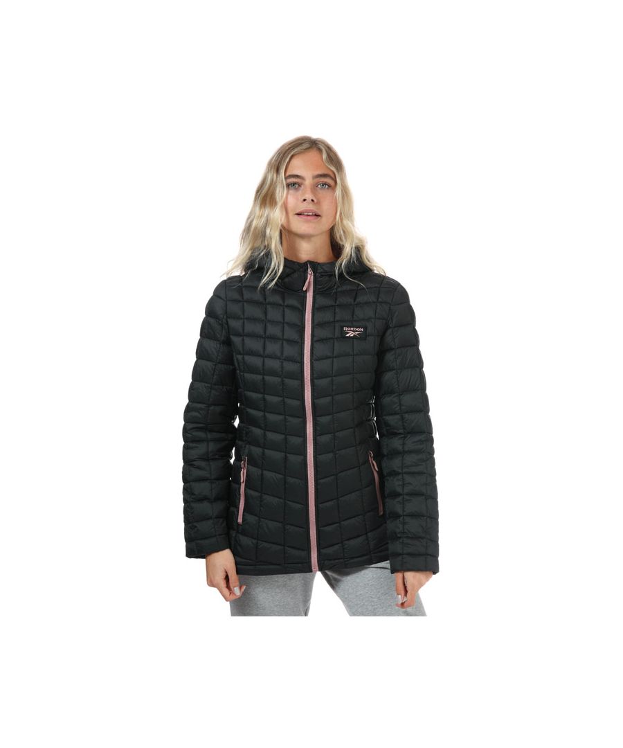 Womens Reebok Padded Jacket in black.- Hooded.- Full zip fastening.- Long sleeves.- Wind and water resistant.- Two zipped pockets.- Trusted Reebok quality  fit  performance and value.- Shell: 100% Nylon. Lining: 100% Nylon. Filling: 100% Polyester. Machine washable. - Ref: EX2969