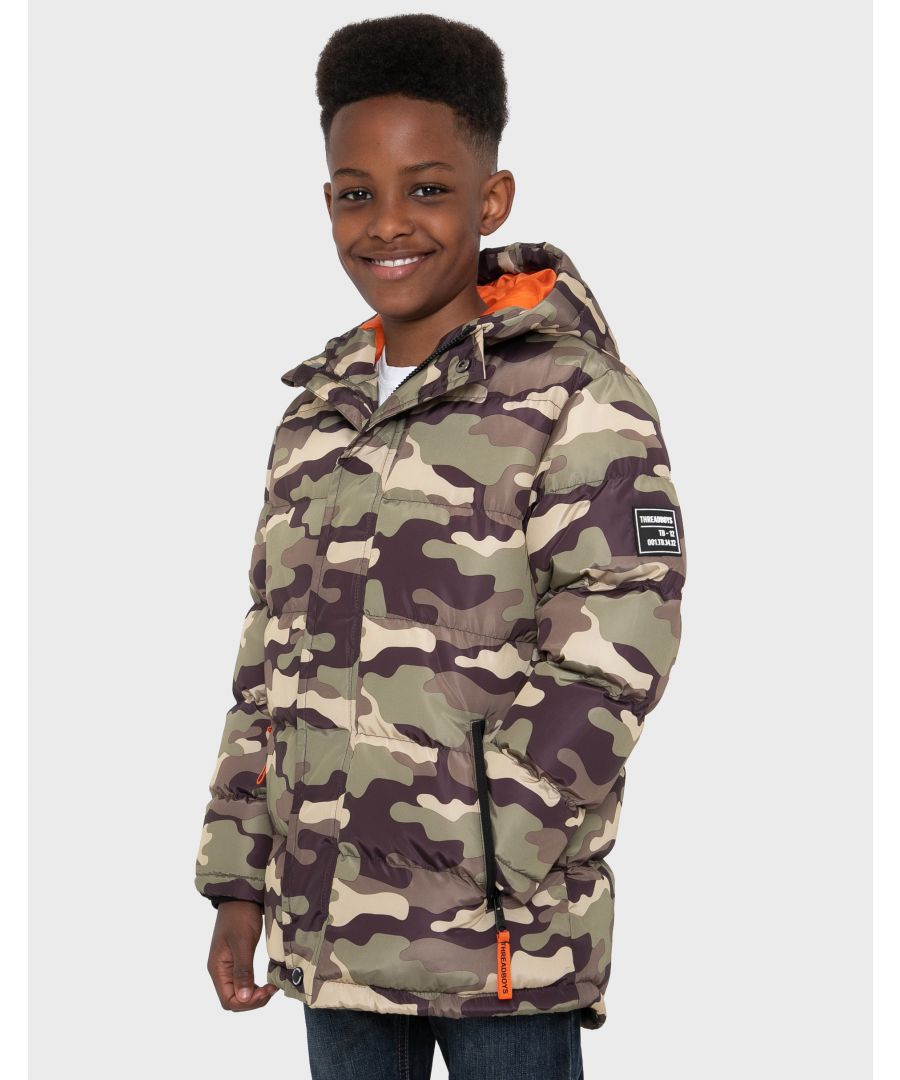This all over print hooded padded jacket from Threadboys features two side pockets and an additional chest pocket. It has a contrasting lining, branding badge on the arm and elasticated cuffs. Other colours and styles available.