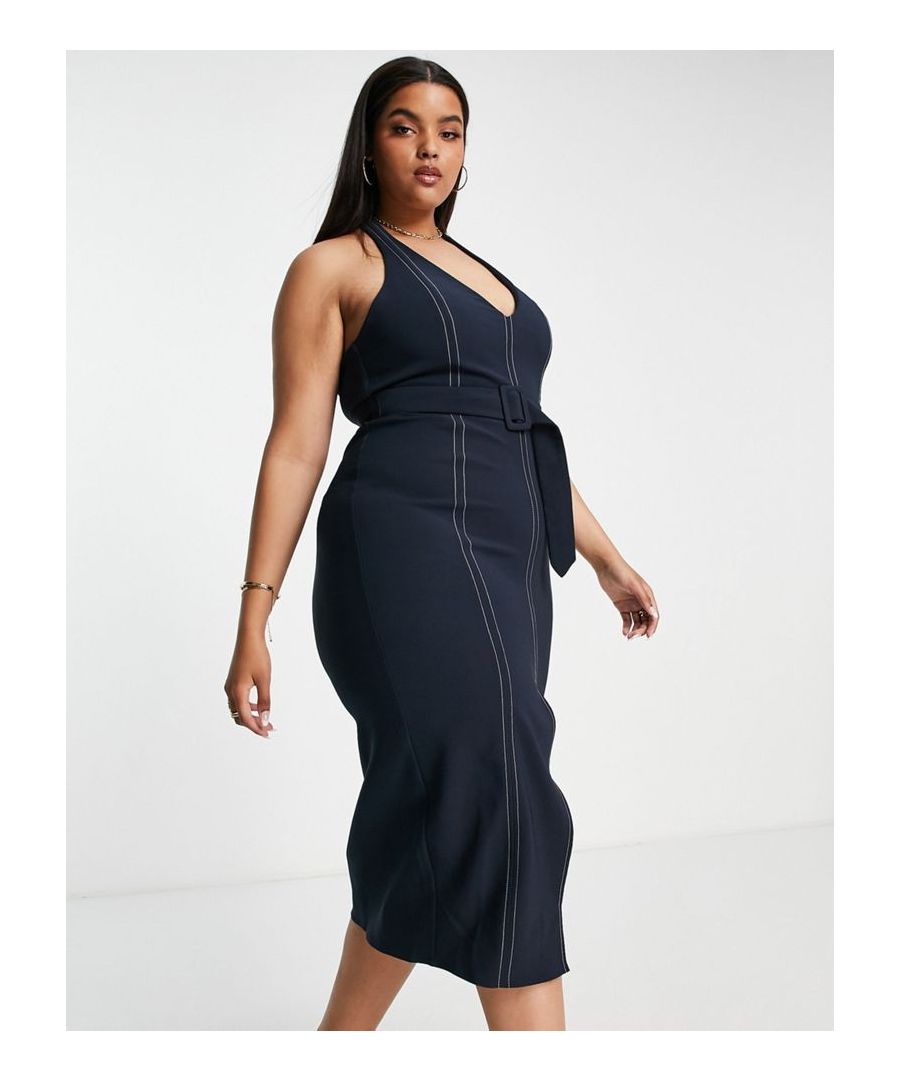 Plus-size dress by ASOS DESIGN Ring light at the ready Halterneck Sleeveless style Belted waist Thigh split Zip-back fastening Slim fit Sold by Asos