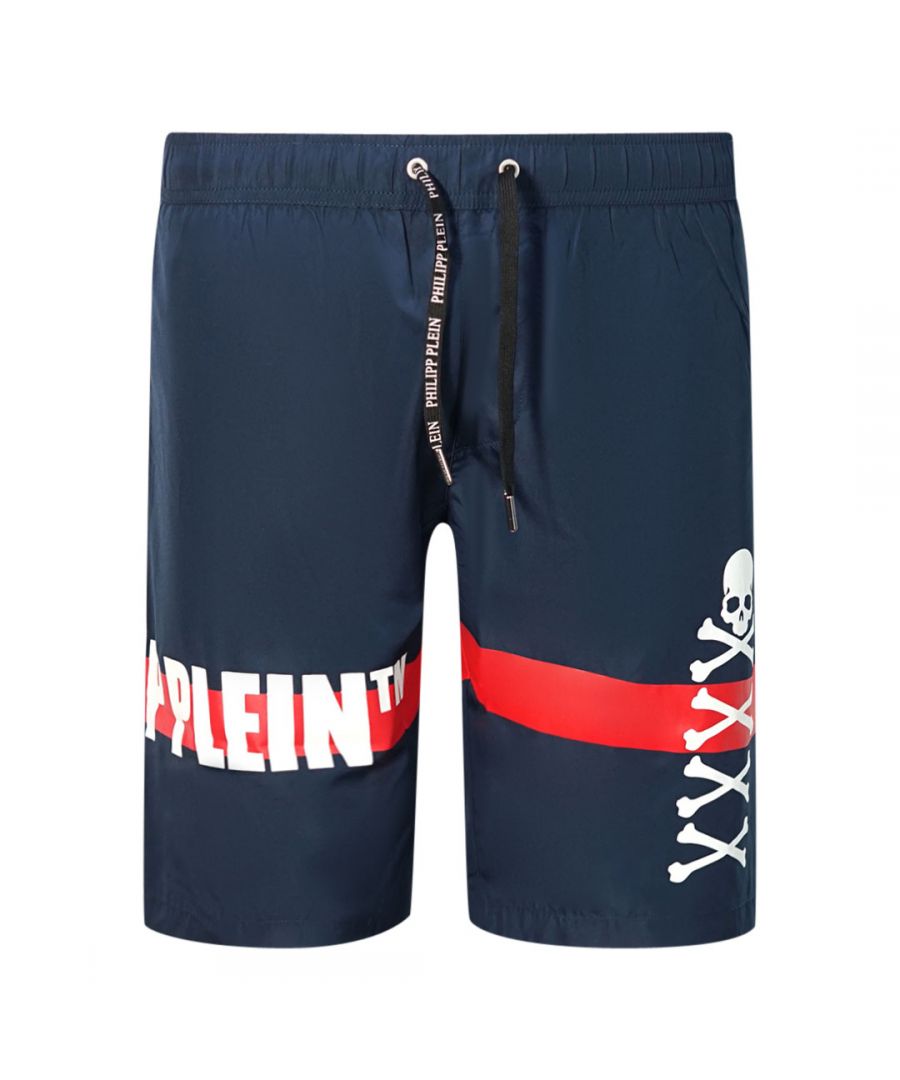 Philipp Plein Mens TM Skull And Bones Navy Swim Shorts - Blue - Size Small