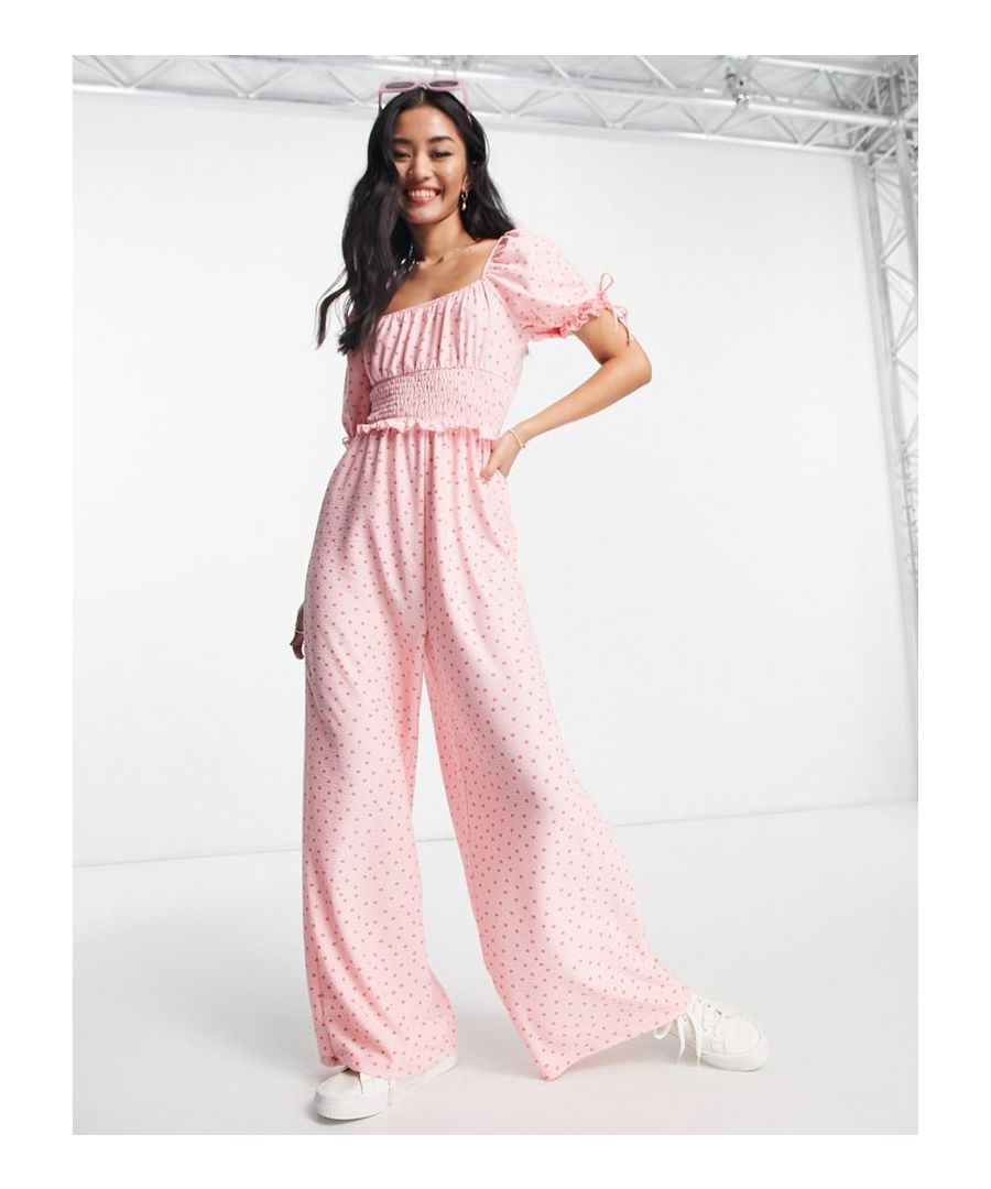 Jumpsuit by Miss Selfridge Always here for polka dots Scoop neck Puff sleeves with ties Shirred, stretch panel Wide leg Regular fit Sold by Asos