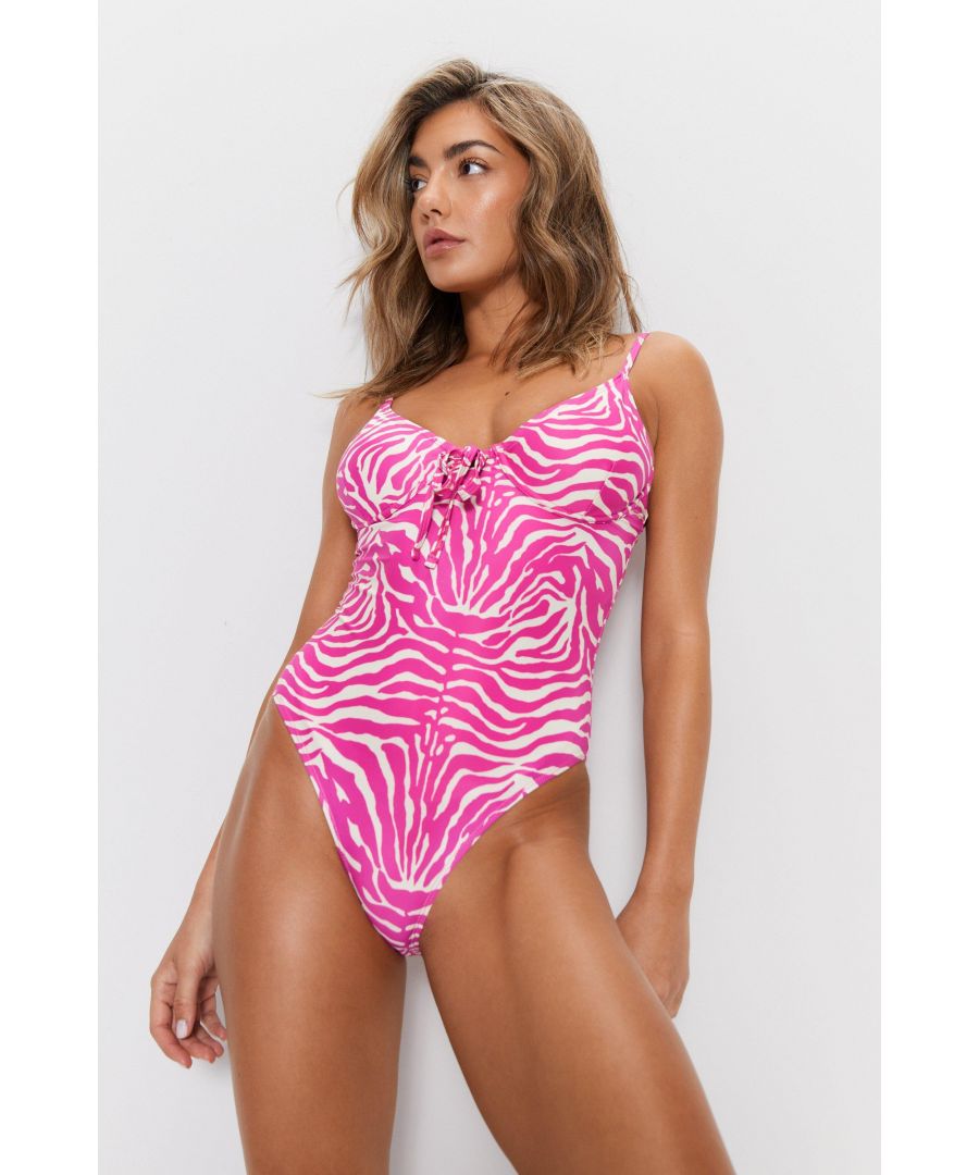 Warehouse Womens Zebra Underwire Tie Front Swimsuit - Pink - Size 6 UK