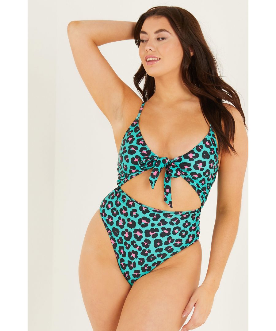 Quiz Womens Green Leopard Cut Out Swimsuit - Size 8 UK