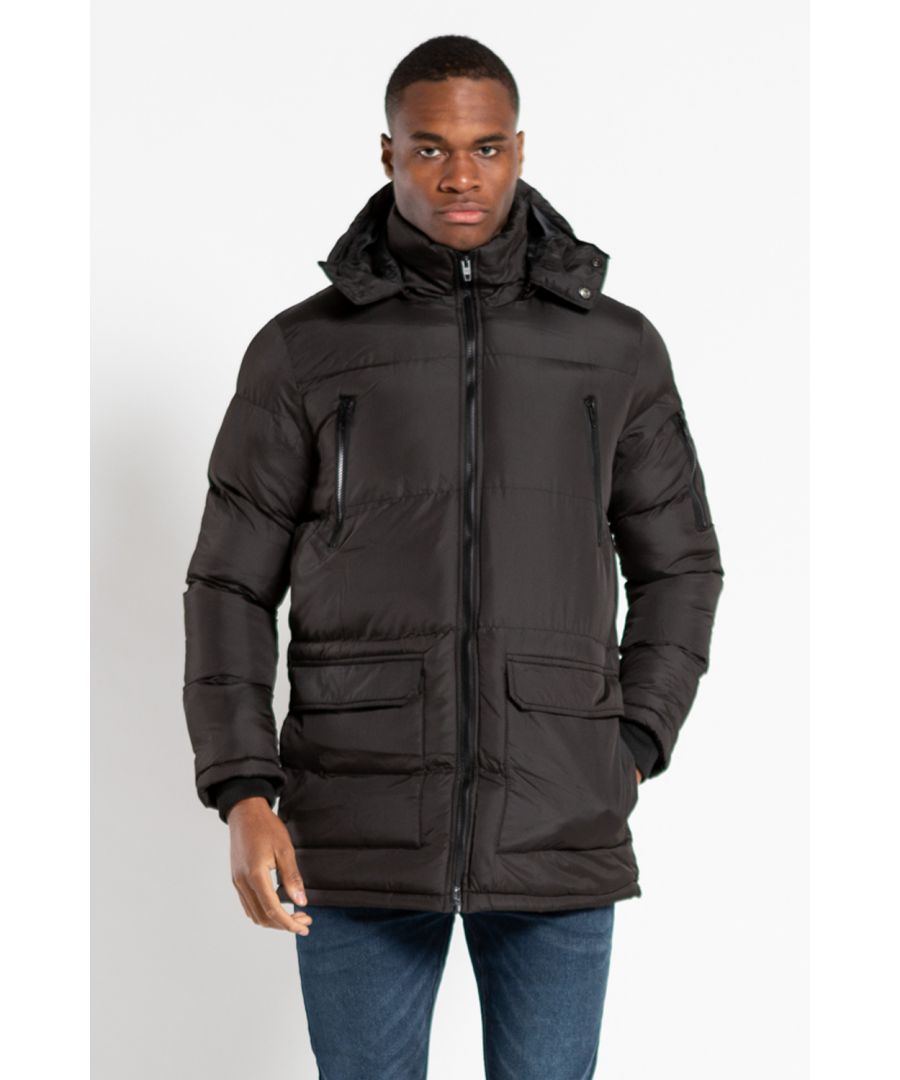 This hooded, padded parka jacket from French Connection is perfect for colder days. Features zip fastening, hood with popper fastening, two front pockets, two chest zip pockets, and zip pocket on sleeve.