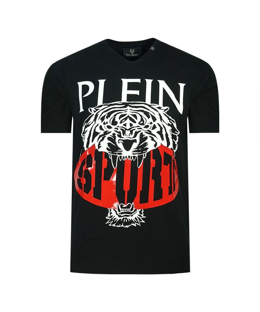 Plein Sport T-shirt met groot Tiger Bite-logo in zwart. Philipp Plein sport zwart T-shirt. Normale pasvorm, valt normaal qua maat. Plein Sport-merklogo. 100% katoen. Stijlcode: TIPS1113 98
