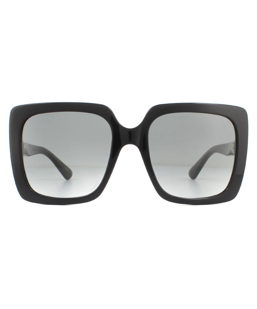 Gucci Sunglasses GG0418S 001 Black Grey Gradient are an oversized square design made entirely of lightweight acetate. Temples feature the sparkling diamante Gucci logo and perfect for a fashionista!