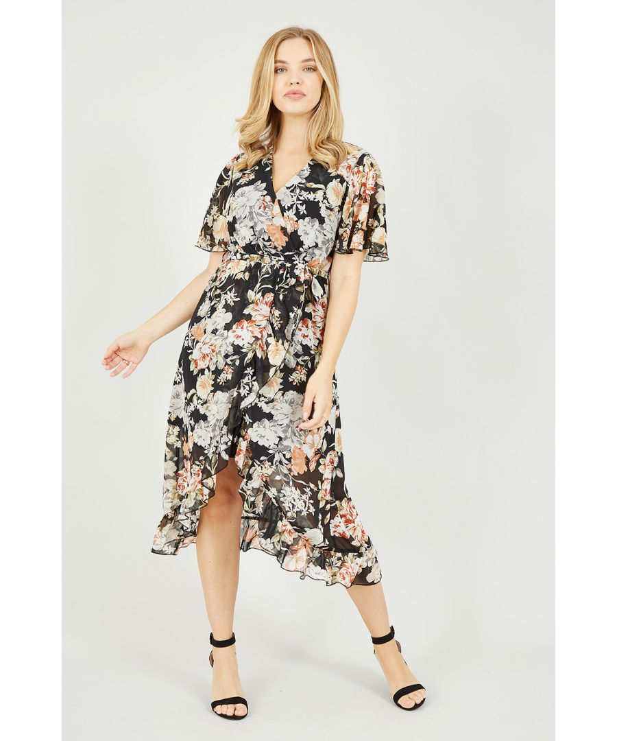 Feel super feminine in floral frills. This Mela Black Floral High Low Wrap Dress  is the perfect outfit for celebrations. Pulls you in the the waist and covers your upper arms in a classic, super flattering wrap shape. Look to the hem for high low, frilled detailing.