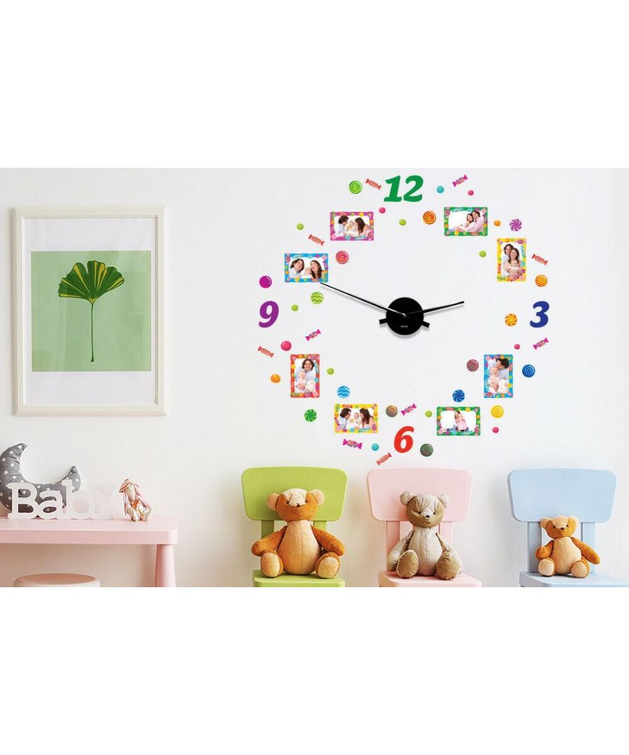 - A sweet design to decorate your child's room with beautiful photos and wonderful memories. \n- This product contains the clock mechanism and a set of decorative wall stickers. \n- Aluminium construction; No numerals; Takes one AA battery not included. \n- We warrant the clock against defects in materials and manufacture under ordinary consumer use for two years from the date of purchase. \n- Please keep your receipt, e-receipt or order confirmation for the warranty to be validated.