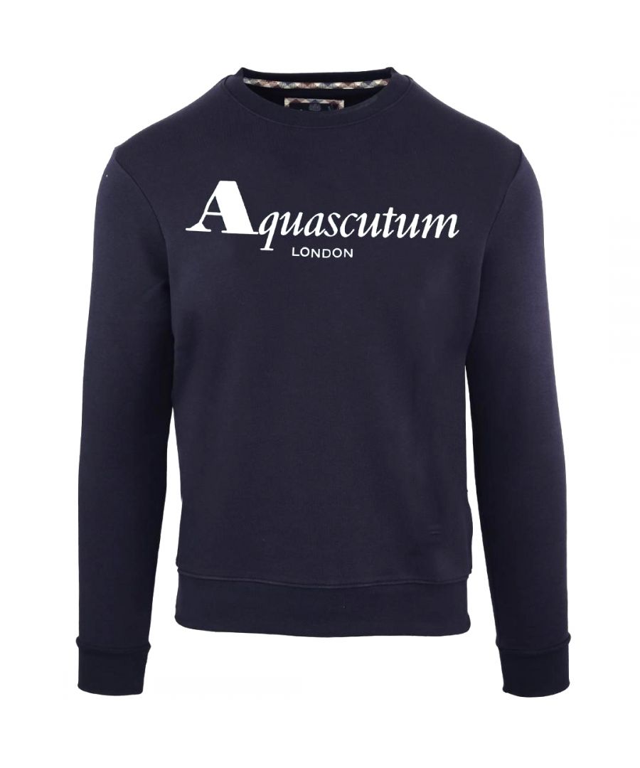 Aquascutum Bold London Logo Navy Blue Sweatshirt. Navy Blue Aquascutum Jumper. Elasticated Collar, Sleeve Ends and Waist. 100% Cotton Sweater. Regular Fit, Fits True To Size. Style Code: FGIA31 85