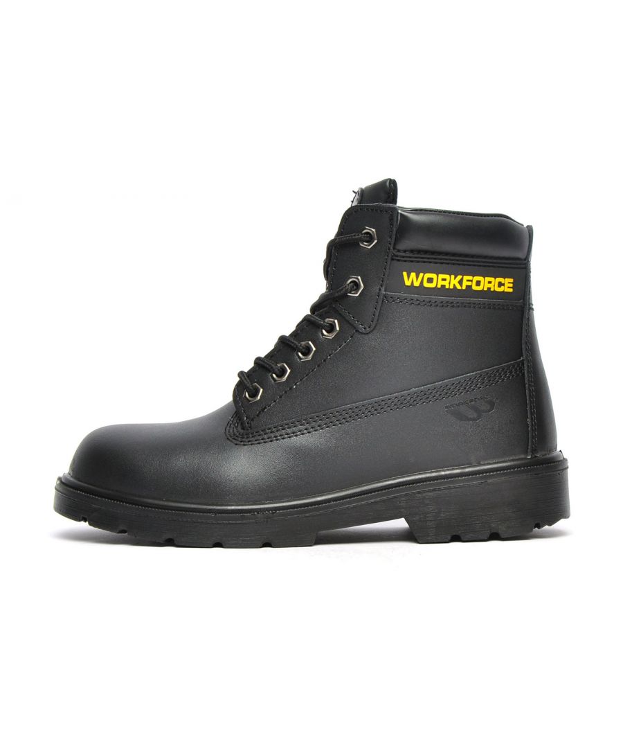 At Workforce your safety is paramount and thats why a specific attention to detail goes into the production of all Workforce boots. \n Protecting feet against hazards in the workplace is key to keeping yourself safe. The safety footwear you choose should meet the legal standards and be the appropriate model for yourself , the task in hand and the environment you are working in\n All Workforce safety footwear is engineered to meet the requirements of EN ISO 20345 standards. Our range of Workforce footwear is designed for all industrial environments and goes through rigorous testing, right down to the last component they are tested for all specified requirements. Only footwear that passes the test fulfils the Workforce protocol of delivering you tried and trusted safety workwear boots of the highest standard.\n - Robust leather upper\n - 6 eyelet lace fastening \n - High impact protection 200 Joules\n - Compression tested 15,000 Newtons\n - 200 Joule toe cap protection\n - Antistatic properties\n - Padded tongue\n - Water resistant upper (not waterproof)\n - Penetration resistant steel midsole\n - Highly durable outsole\n - Soft padded heel and ankle collar\n - Highly durable oil and acid resistant outside\n - Workforce branding throughout