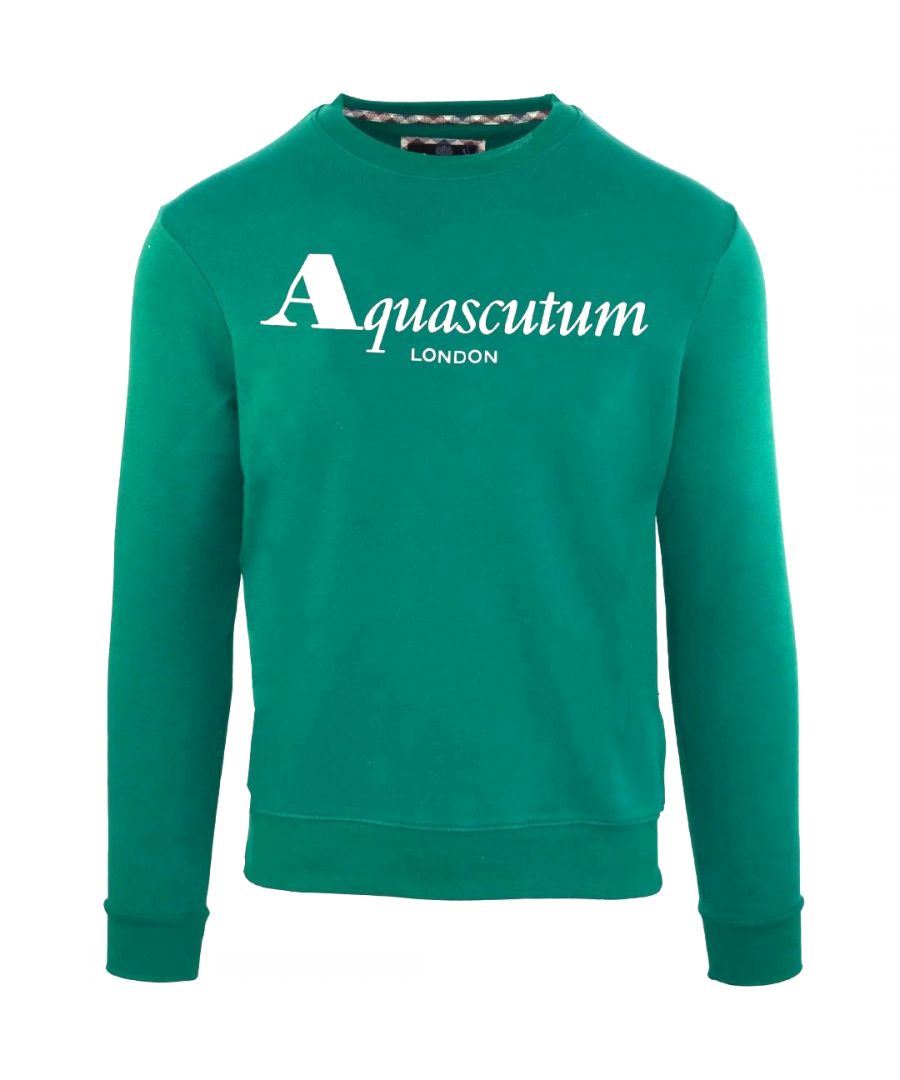 Aquascutum gewaagd London logo groen sweatshirt. Groene Aquascutum-trui. Elastische kraag, mouwuiteinden en taille. Trui van 100% katoen. Normale pasvorm, valt normaal qua maat. Stijlcode: FGIA31 32