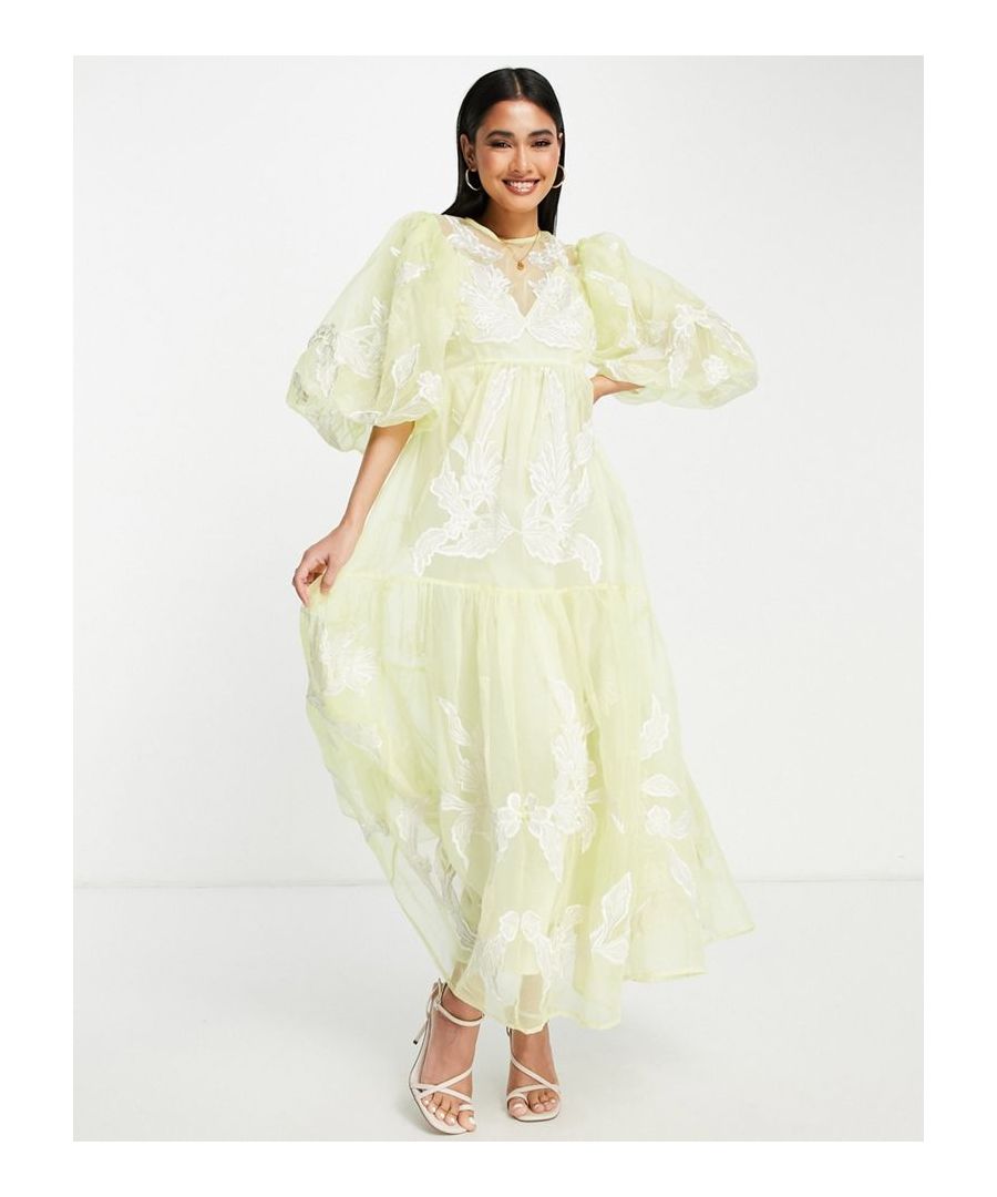 Dress by ASOS EDITION The only plus-one you need All-over applique Round neck Puff sleeves Open back with button placket Zip fastening to reverse Regular fit  Sold By: Asos
