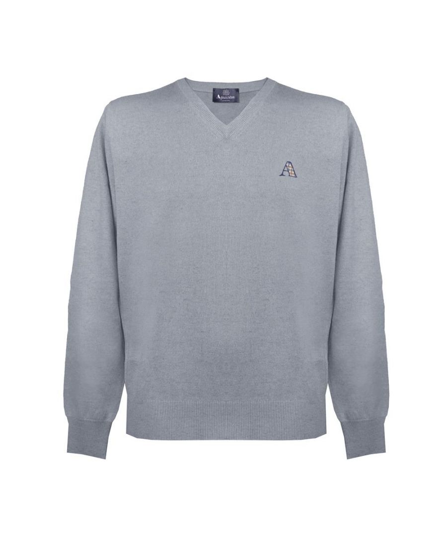 Aquascutum Light Grey Check A Logo V-Neck Jumper. Aquascutum Check Logo Grey Knitwear Sweater. 50% Viscose, 25% Nylon, 25% Wool. Branded A In Classic Check On Left Chest. Regular Fit, Fits True To Size. 15022 01