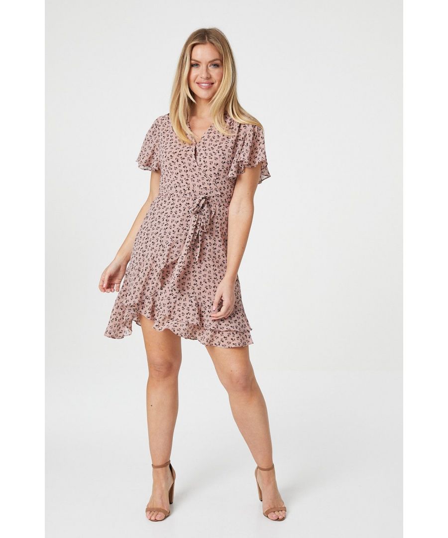 Add a flattering wrap front dress to your collection with this floral mini dress. With a v-neck faux wrap front with a popper fastening, short frilled angel sleeves, a removable tie detail belt and a faux wrap effect skirt with a frilled hem sitting above the knee.