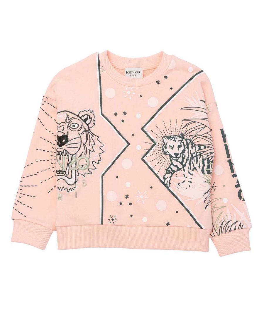 This Kenzo Girls Tiger Pink Sweater in Pink is crafted from cotton/cashmere and features a crew neck, long sleeves, fitted cuffs, a crew neck, a straight hem and the Tiger print.