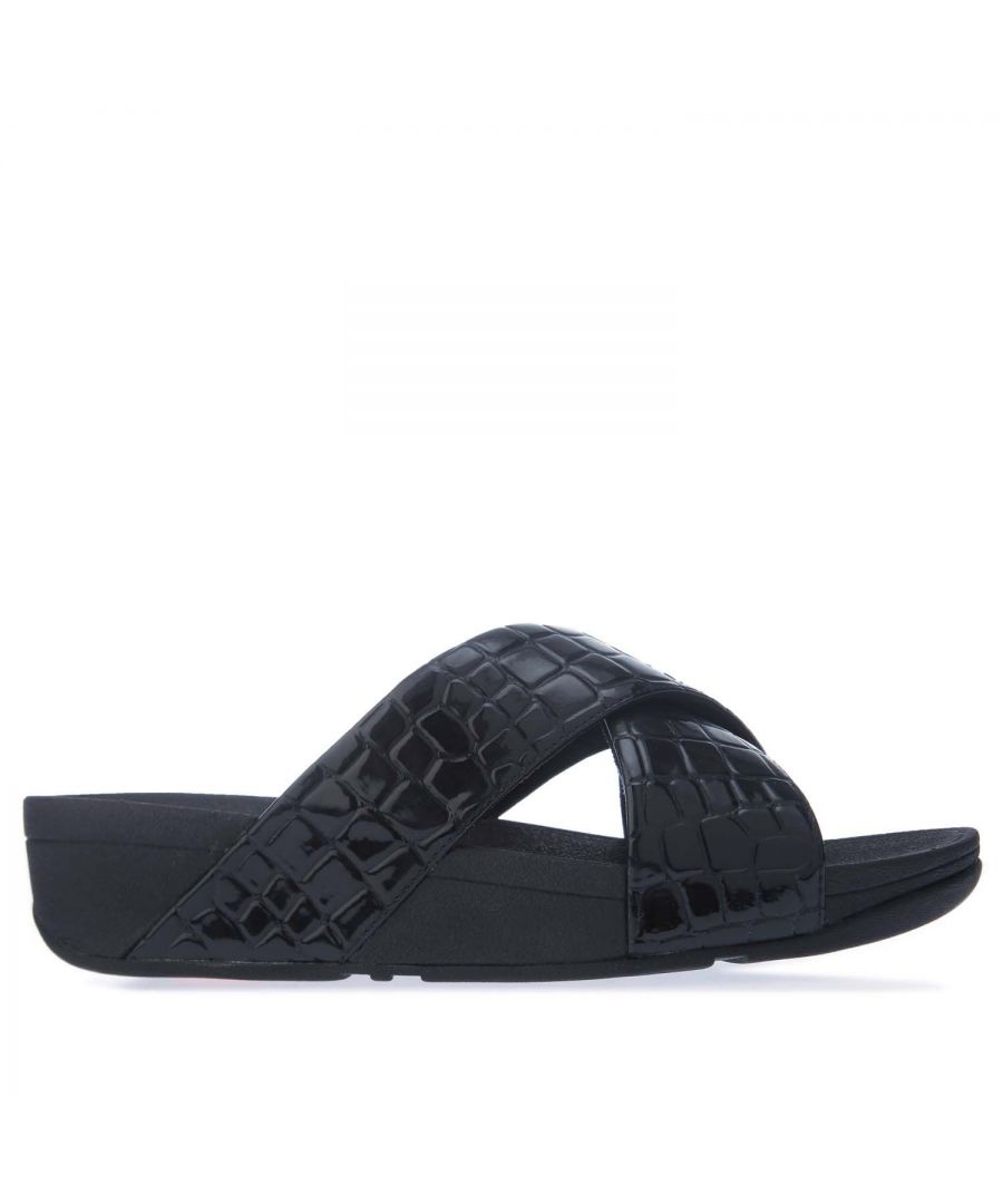 Image for Women's Fit Flop Lulu Patent Croc Print Slide Sandals in Black