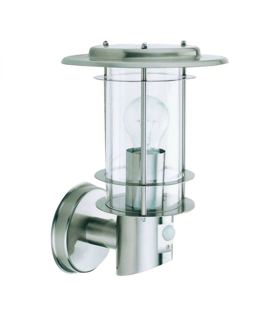 This stainless steel outdoor light with motion sensor looks stylish and is perfect welcoming you home whilst deterring would-be intruders. The contemporary fitting has a right angled arm attachment with an attractive lamp and wide stainless steel brim, and a polycarbonate shade that provides an elegant yet practical source of light. The fitting is also IP44 rated and fully splash proof to protect against the elements. | Finish: Stainless Steel | Material: Polycarbonate | IP Rating: IP44 | Height (cm): 31 | Length (cm): 22 | Projection: 21 | No. of Lights: 1 | Lamp Type: E27 | Wattage (max): 60 | Weight (kg): 0.8 | Class: 1 (Earthed) | Bulb Included: No