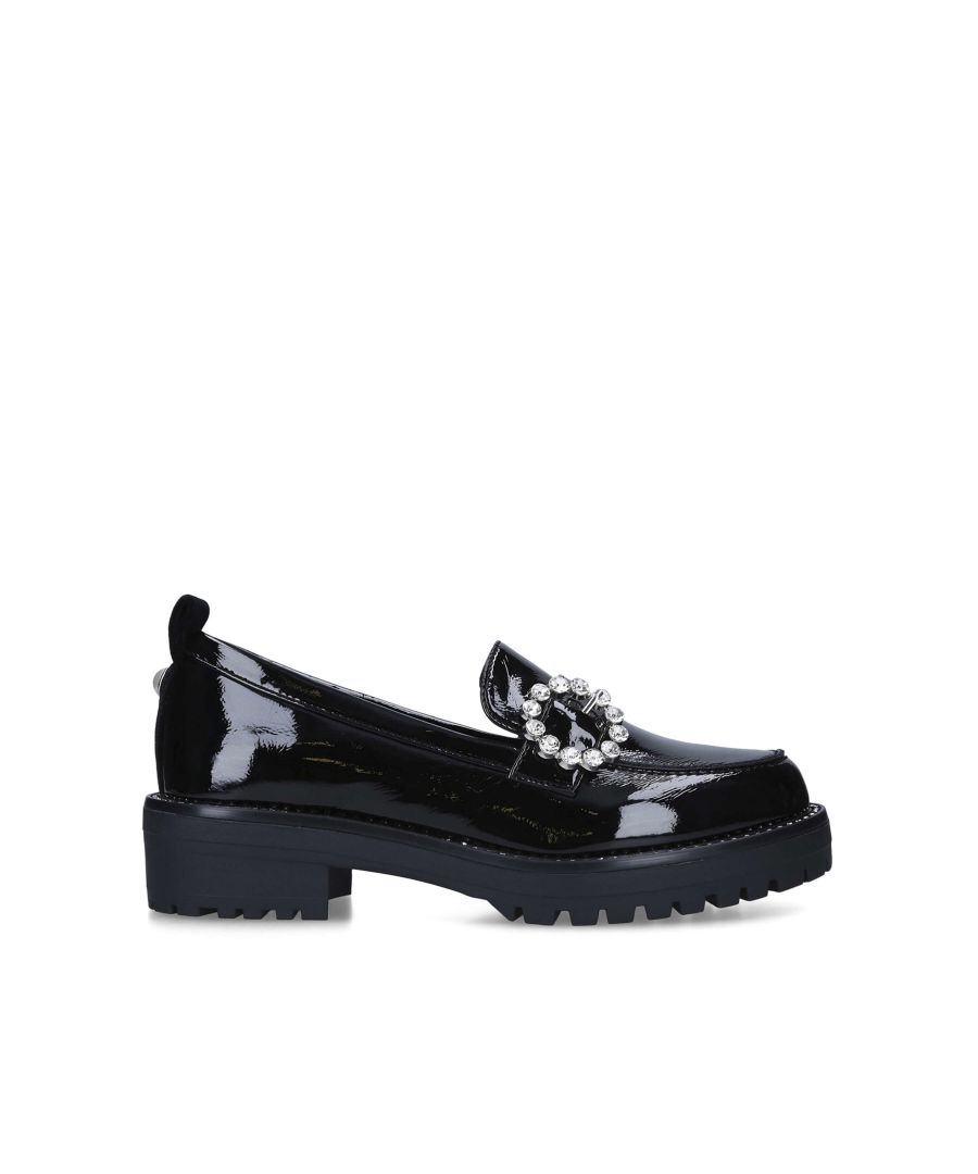Norah by Miss KG is a chunky black loafer with an embellished strap and chunky lug sole.