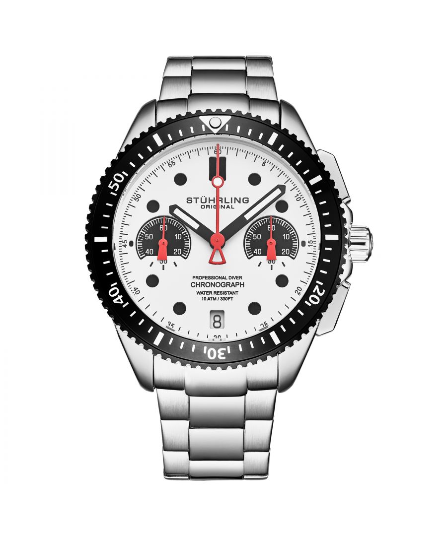 Men's Miyota Chronograph Bracelet Watch, Silver Tone alloy Case on Silver Tone Brushed and Polished Link Bracelet, silver Dial, with Silver Tone, black and Red Accents