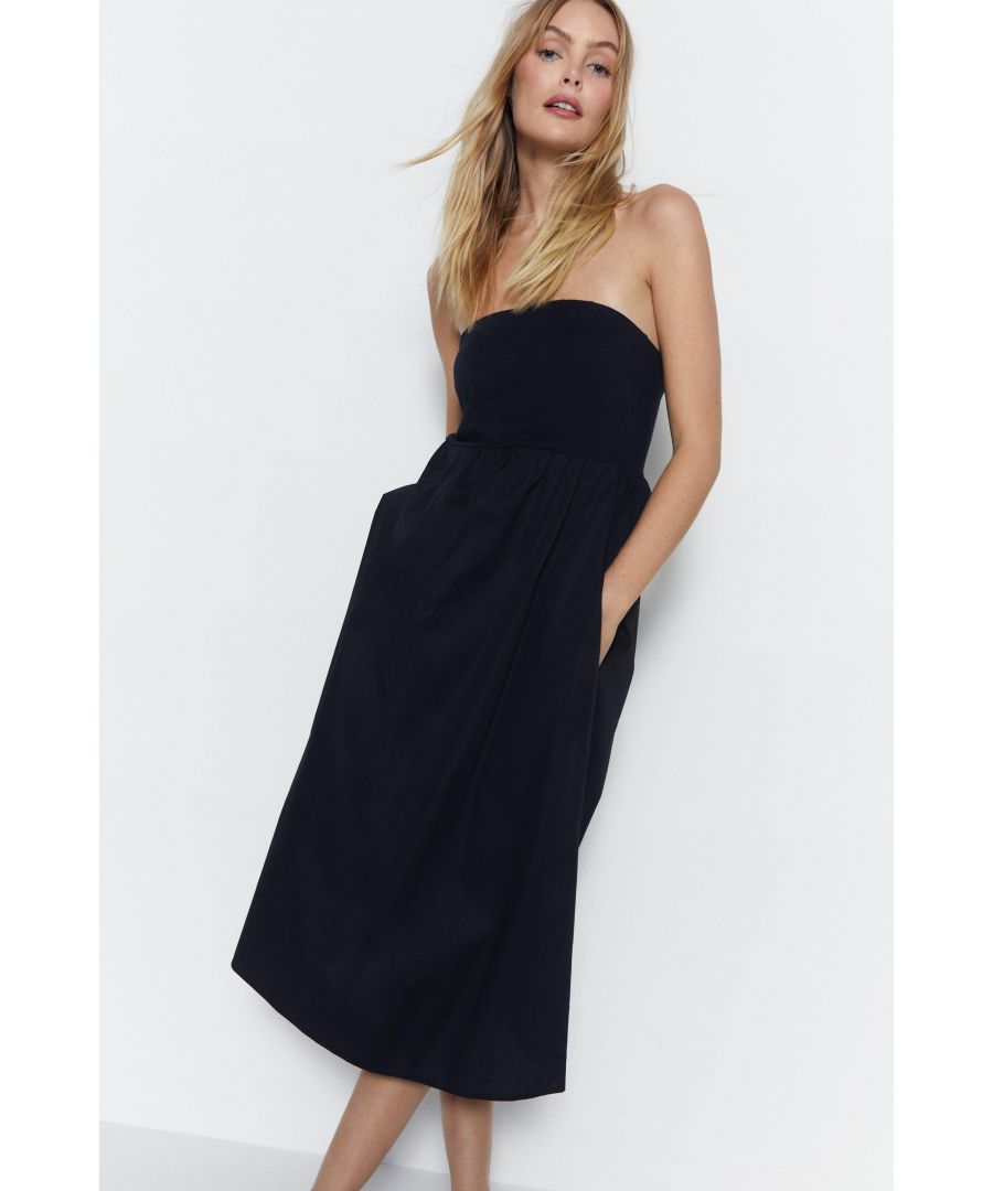 Warehouse Womens Bandeau Woven Mix Midi Dress - Black Cotton - Size 10 Uk