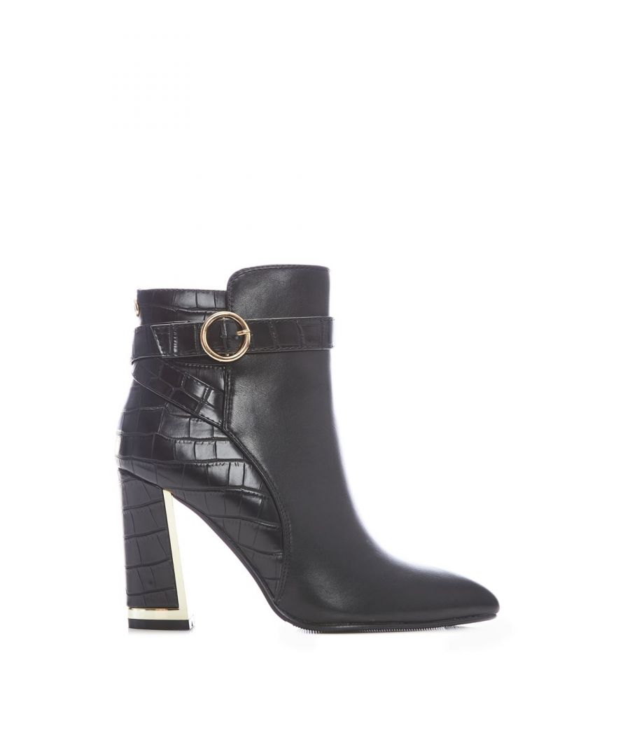 Your new favourite boot. Kirsten features a stunning block heel with a metallic inner, the contrasting textures on the shoe add further detail whilst still leaving it effortless to style. Complete with a buckle trim ankle strap. Style with leather trousers and a blouse.