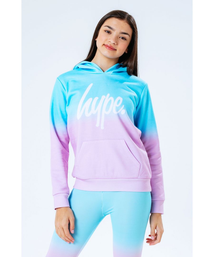 Let us introduce you to the HYPE. pink blue fade kids hoodie. Featuring a pastel pink and pastel blue colour palette in our iconic fade print. Finished with fitted hem and cuffs, a kangaroo pouch, hood and the HYPE. script logo in a contrasting white. Wear with the matching leggings for an off-duty casual look, or with a pair of denim shorts and sunnies for a relaxed smart-casual vibe. Machine wash at 30 degrees.