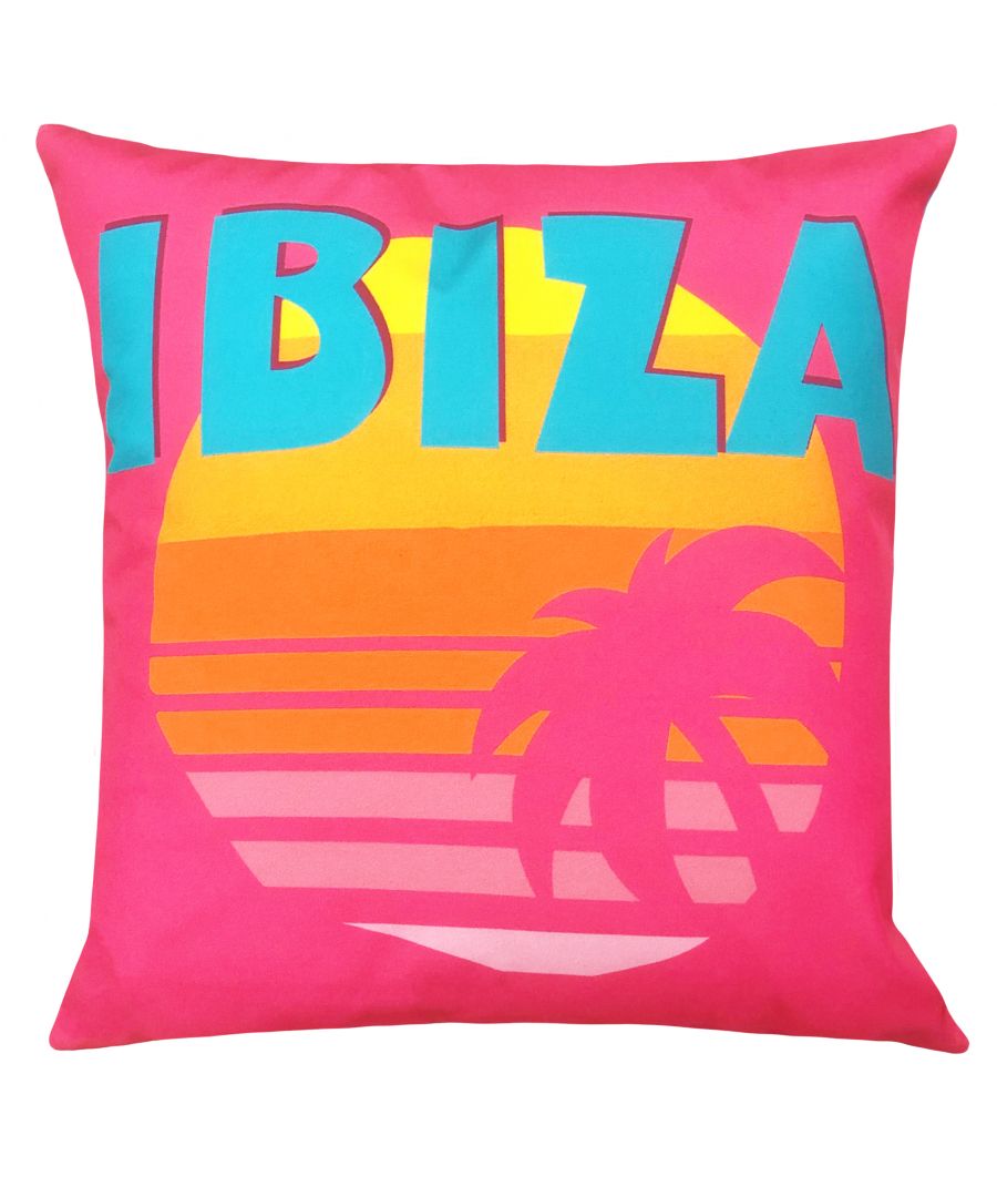 Transport yourself to Ibiza with this abstract outdoor cushion. A bright and bold cushion, with the focal point being the Ibiza slogan. Mix and match with other cushions from the collection, pop them in your outdoor space and make a statement.