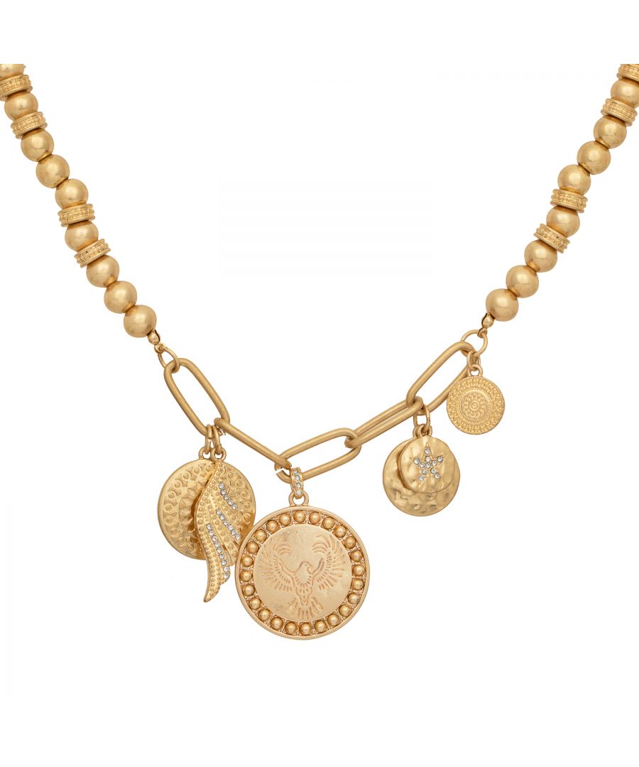 Bring the charm of the open road wherever you go with this Bibi Bijoux gold free spirit necklace. A lightweight, gold-plated ball bead charm necklace that creates a breezy boho-chic style that's always in fashion. Looks great paired with jeans and a loose tee, or with your favourite dress for the free spirit woman who wants to add a touch of class and elegance to her favourite outfits. The gold tone plated necklace measures 17inch with 3 inch extender and lobster clasp fastening.