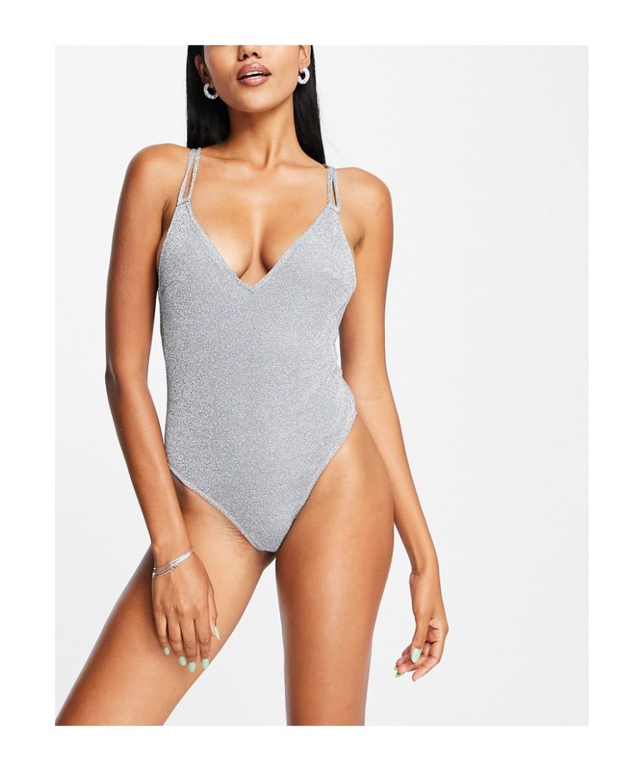 ASOS DESIGN Womens cross back swimsuit in silver glitter - Size 4 UK