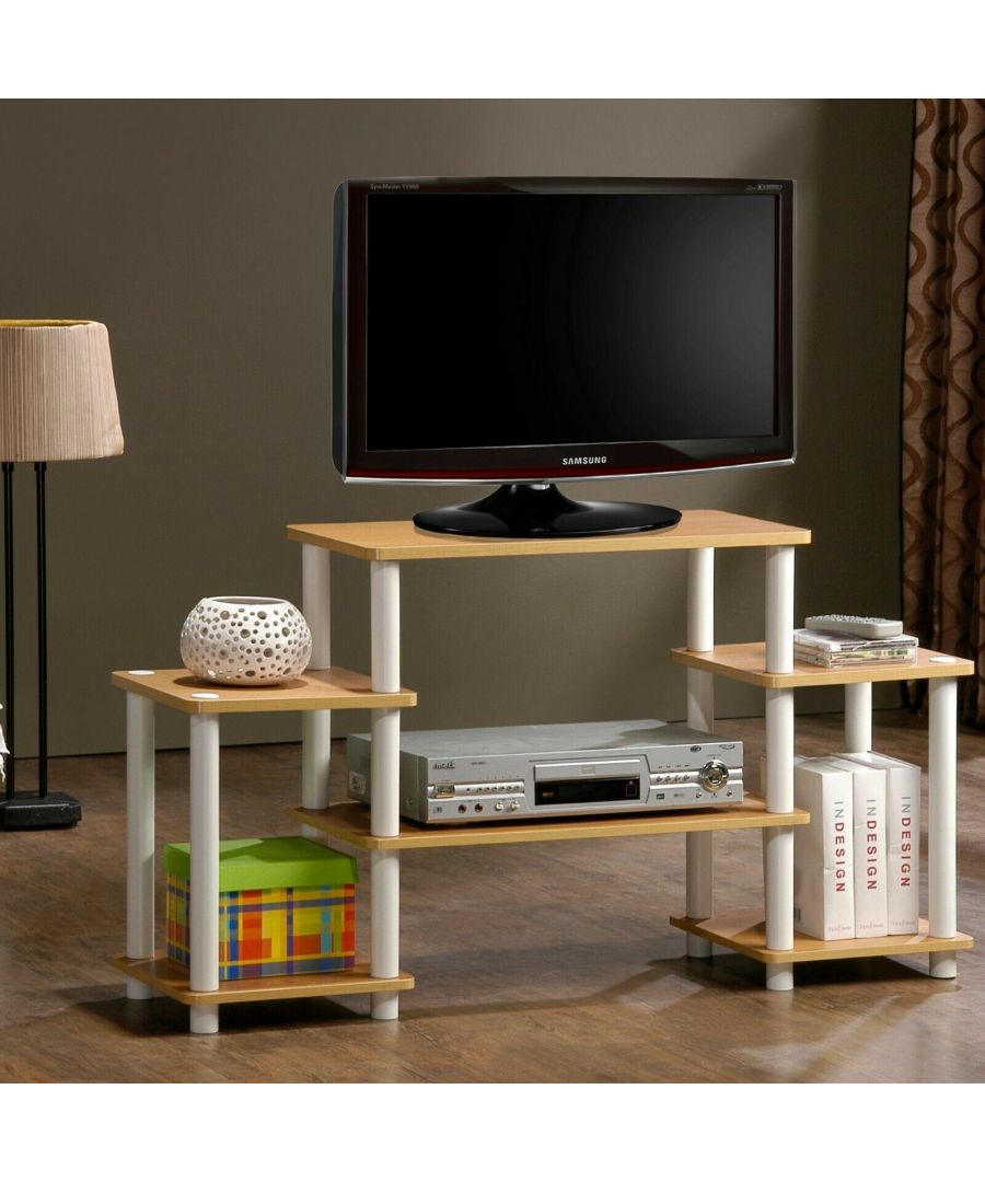 - Furinno Turn-N-Tube Home Living Mini Storage and Organization Series: No Tools Entertainment Center . \n- Unique Structure: Open display rack, shelves provide easy storage and display of TV or other audio/video accessories. \n- Designed to meet the demand of low cost but durable and efficient furniture. \n- It is proven to be the most popular RTA furniture due to its functionality, price, and the no hassle assembly. \n- Smart Design: Easy Assembly and No tools required. A smart design that uses durable recycled PVC tubes and engineered medium density composite wood that withstand heavy weight.\n- Just repeat the twist, turn and stack mechanism, and the whole unit can be assembled within 10 minutes. Experience the fun of D-I-Y even with your kids .
