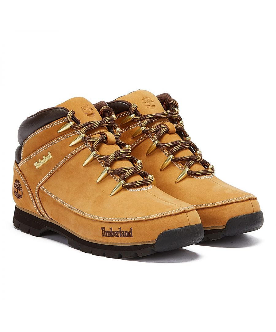 The Euro Sprint Hiker boots boast a premium leather upper with lace up fastening, textile lining and Green Rubber outsole for improved traction and durability. Padded tongue and collar for extra support and comfort, EVA midsole providing cushioning and shock absorption. Metal branding tag and signature Timberland logos feature.